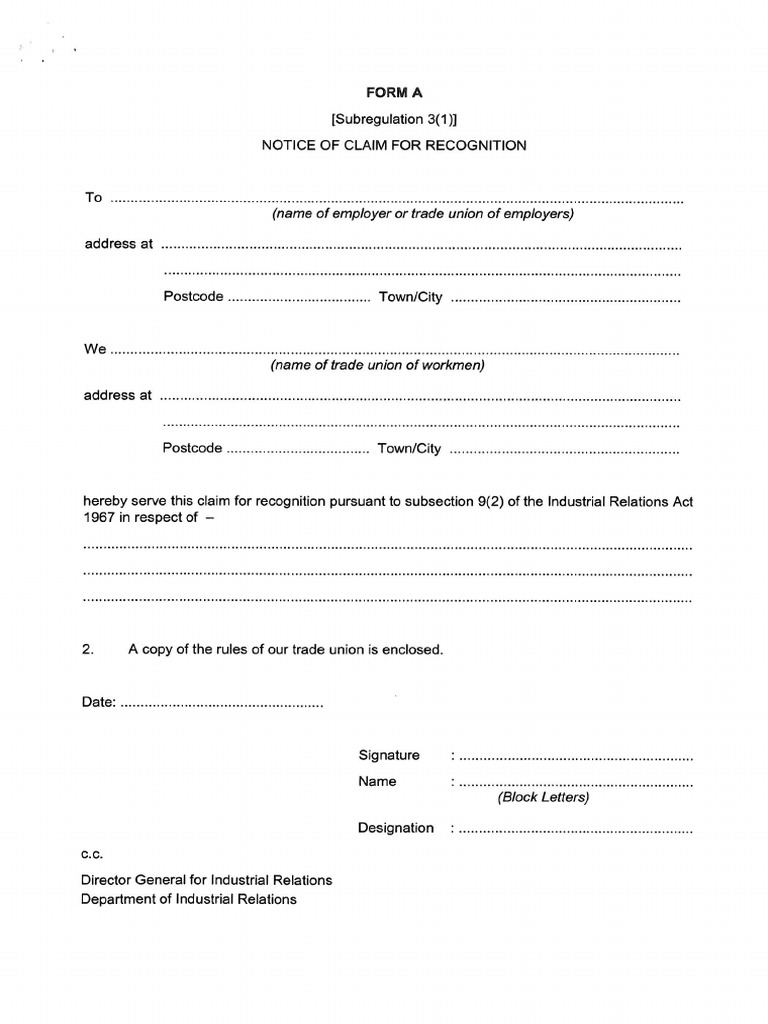 Form A Notice of Claim For Recognition | PDF
