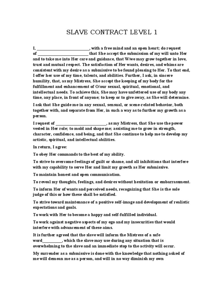 Slave Contract Level 1 PDF Dominance And Submission Interpersonal Relationships