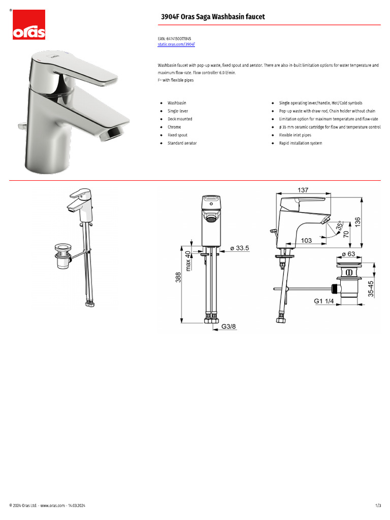 Oras Washbasin Faucet - Data Sheet | PDF