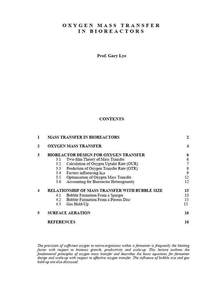 Week 7a - Oxygen Transfer in Bioreactors Notes | PDF