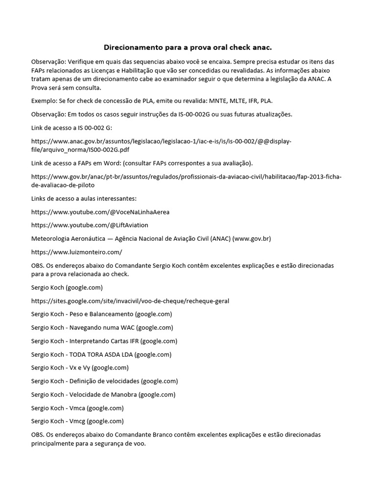 Direcionamento para A Prova Oral Check Da Anac - EDITADO | PDF