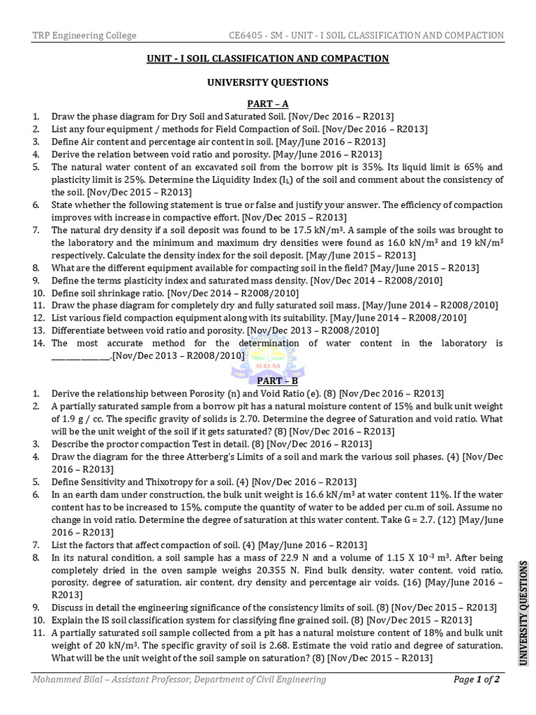 CE6405 U1U Soil Classification and Compaction - University Questions | PDF