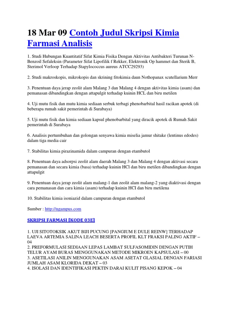 18 Mar 09 Contoh Judul Skripsi Kimia Farmasi Analisis