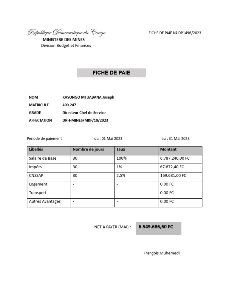 Fiche de Paie - Mai 2023 RDC | PDF