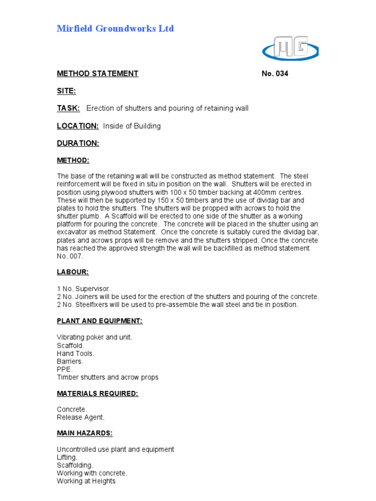 Retaining Wall Shuttering Method Statement | PDF | Scaffolding | Concrete