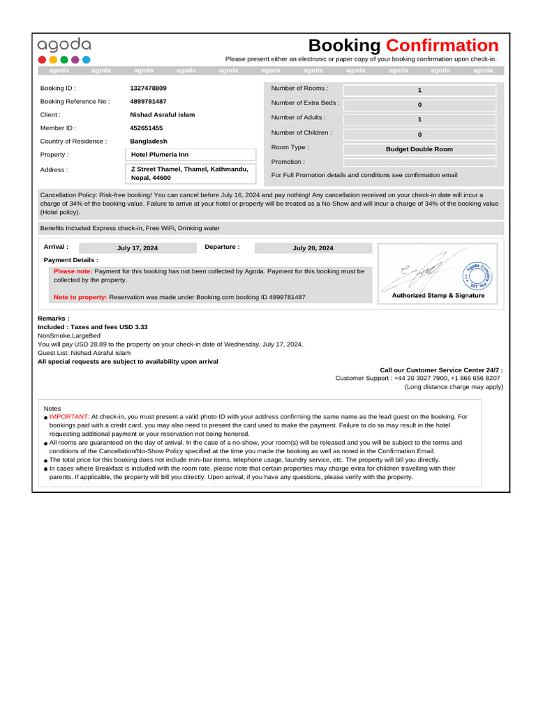 Confirmation For Booking ID # 1327478809 | PDF | Payments