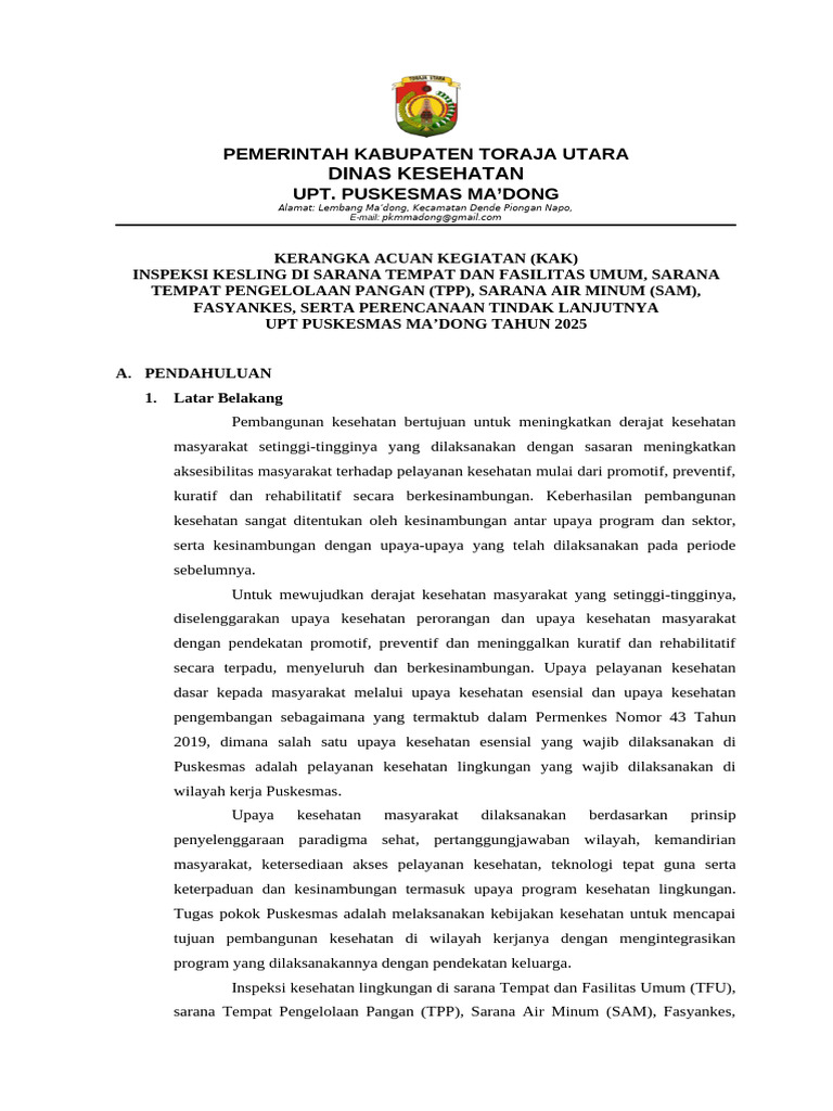 KAK TOR Inspeksi Kesling PKM Ma'dong | PDF