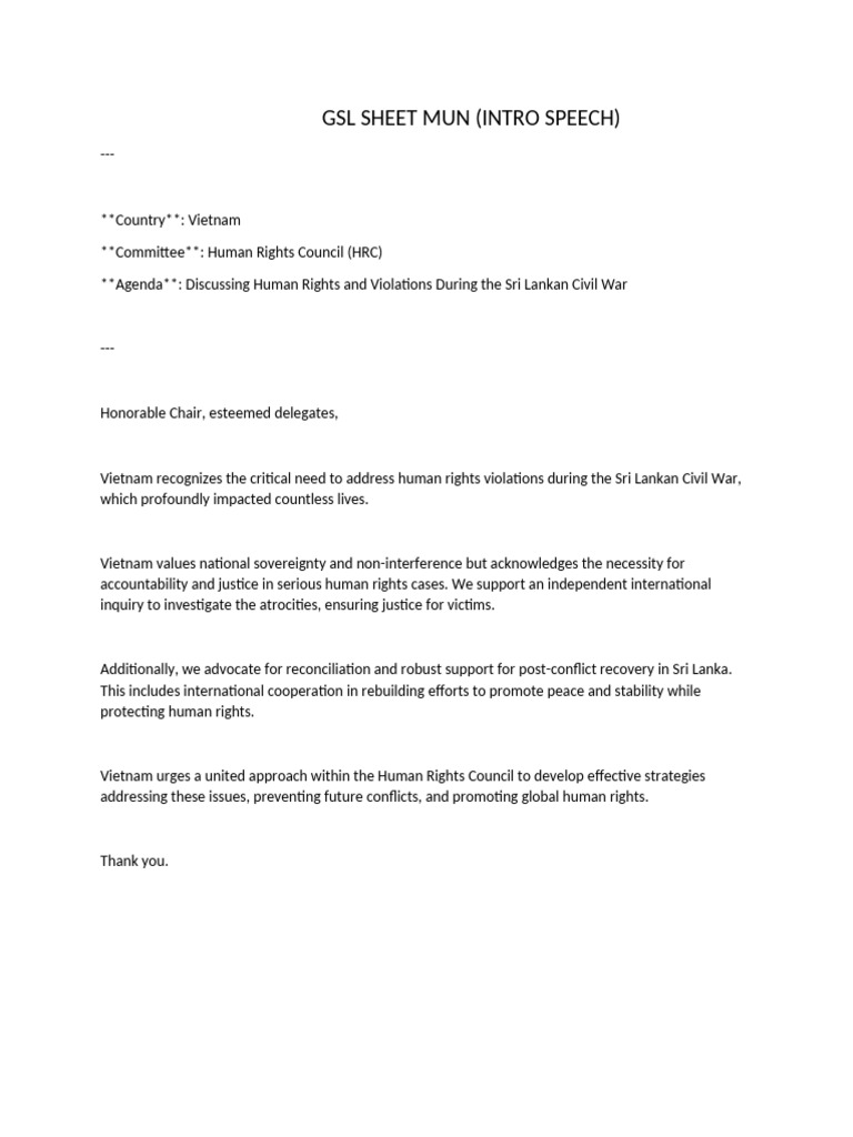GSL SHEET MUN (For Vietnam) UNHRC | PDF