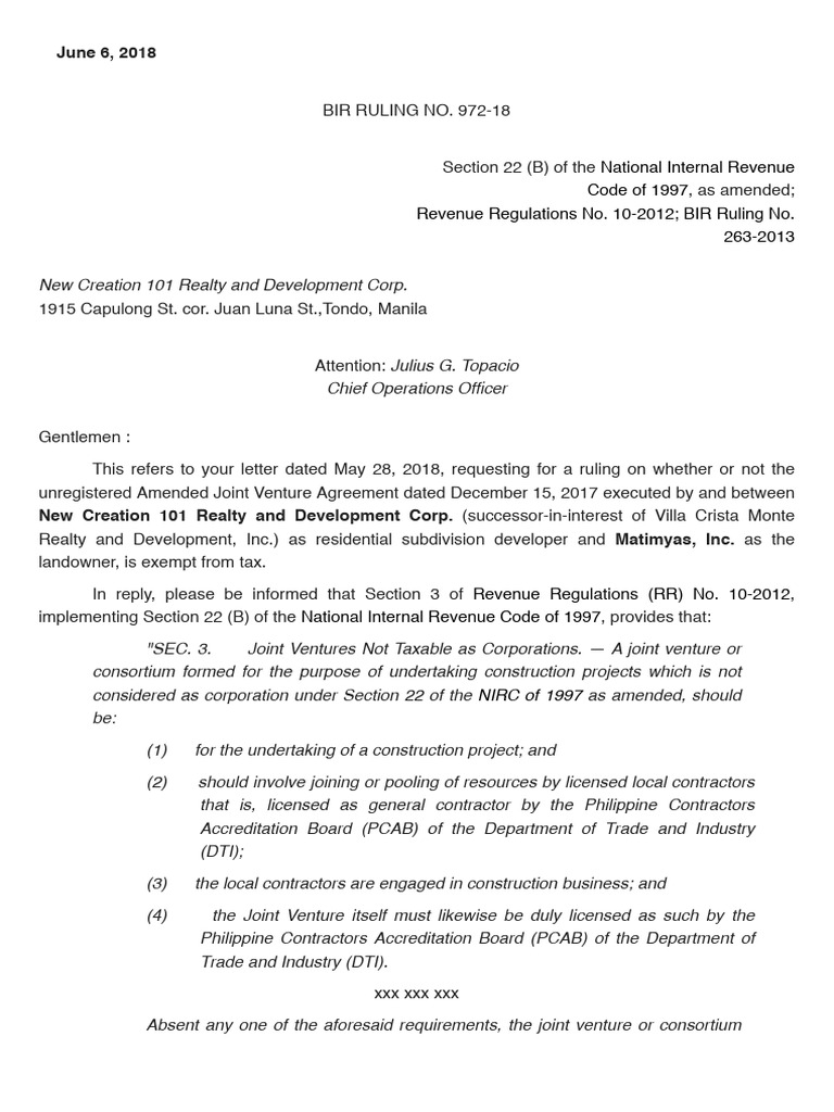 BIR Ruling 972-2018 (Tax Effect of Unregistered JVA (See Revenue ...