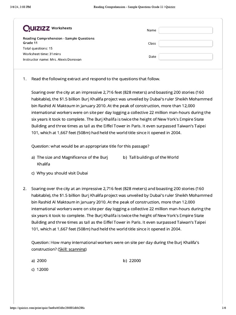 Reading Comprehension - Sample Questions Grade 11 | PDF