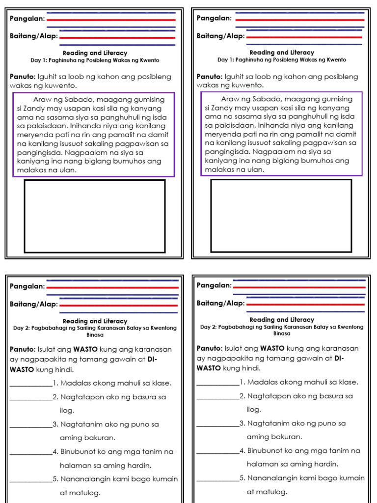 Pangalan: Baitang/Alap: Pangalan: Baitang/Alap:: Reading and Literacy ...