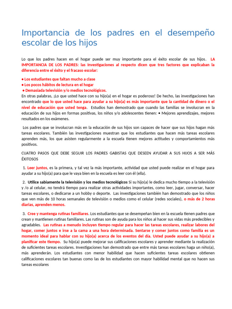 Importancia de Los Padres en El Desempeño Escolar de Los Hijos | PDF