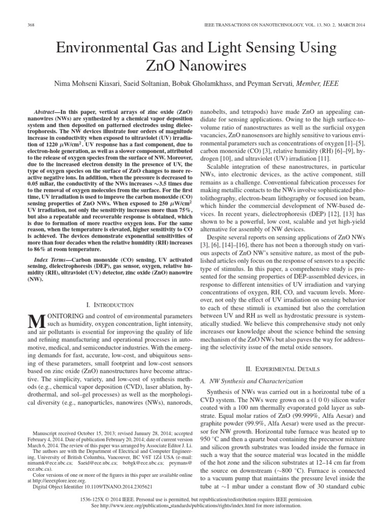Environmental Gas and Light Sensing Using ZnO Nanowires | PDF