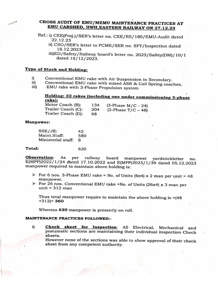 Audit Report of EMU and MEMU Carshed | PDF