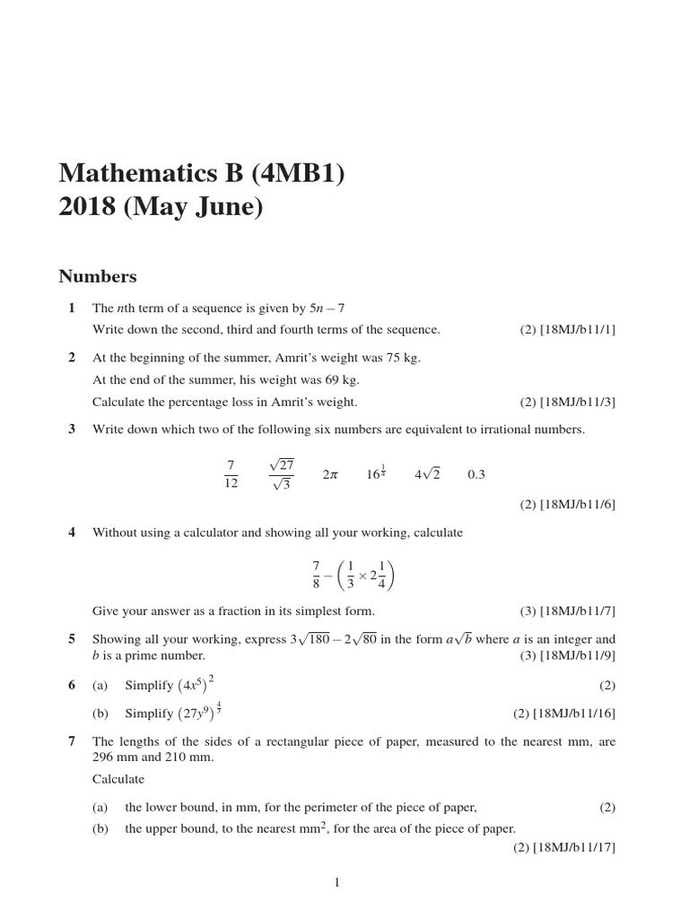 MathB 2018MJ (4MB1) TopicbyTopic | PDF