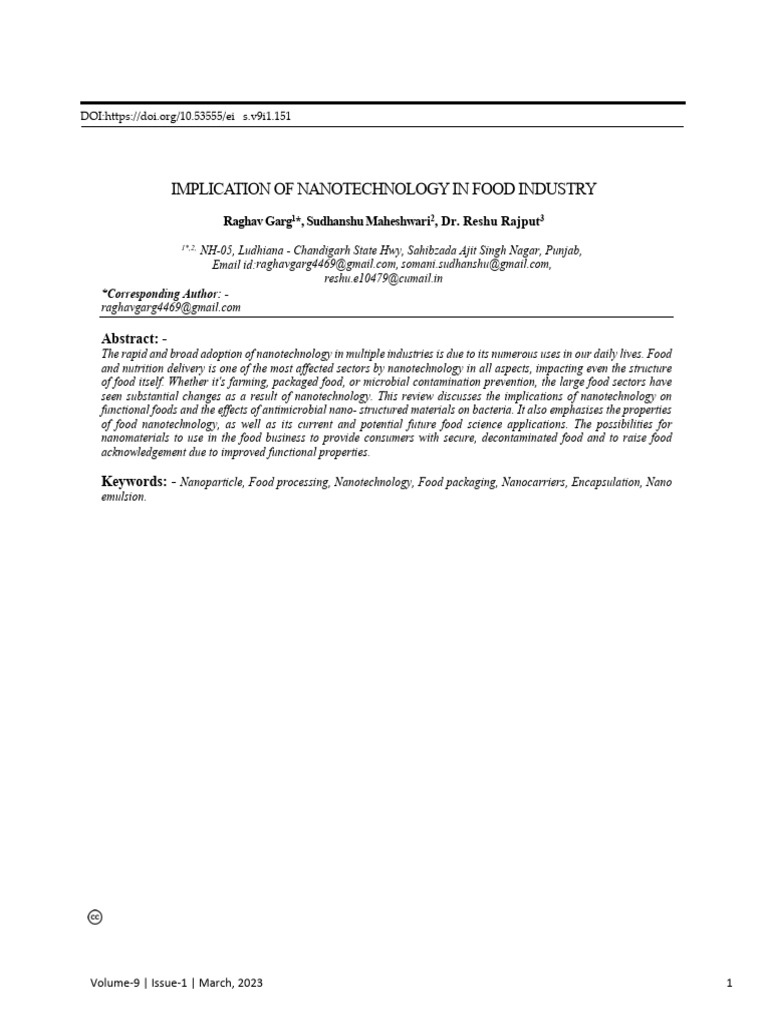 Implication of Nanotechnology in Food Industry | PDF
