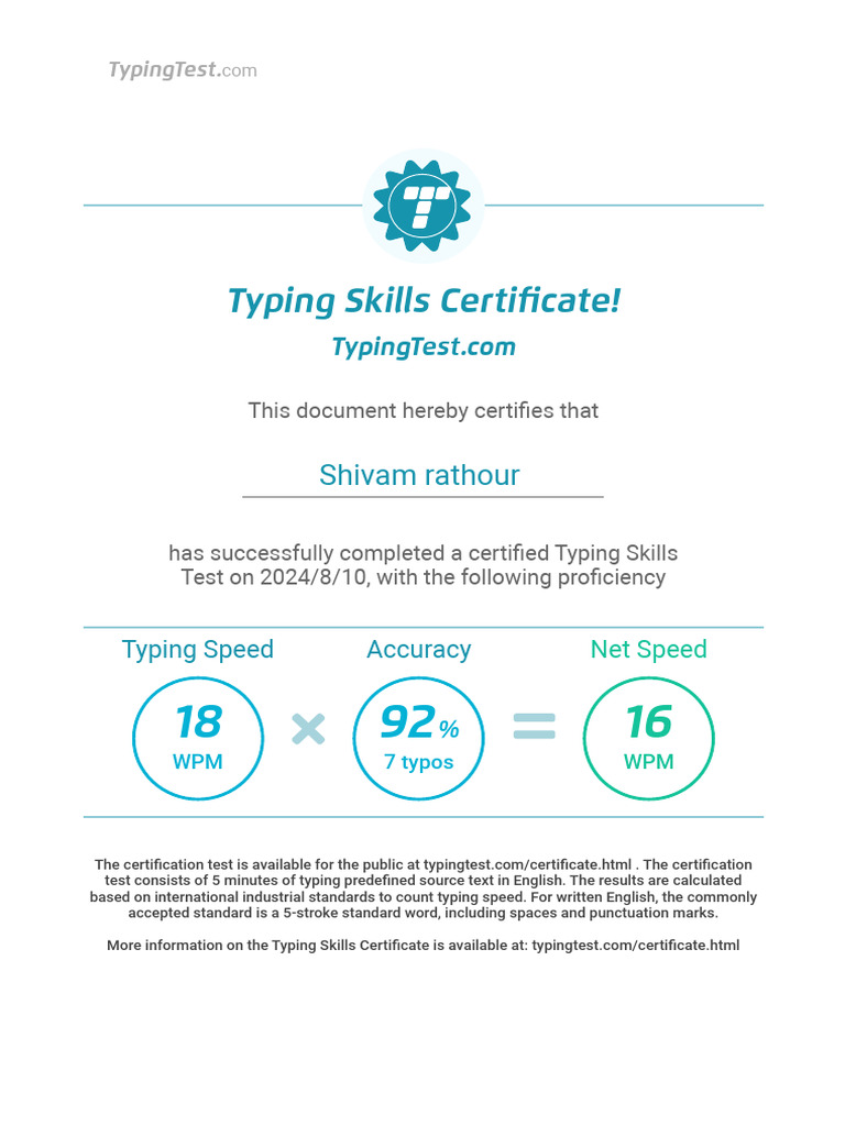 Typing Skills Certificate for Shivam Rathour | PDF | Business ...