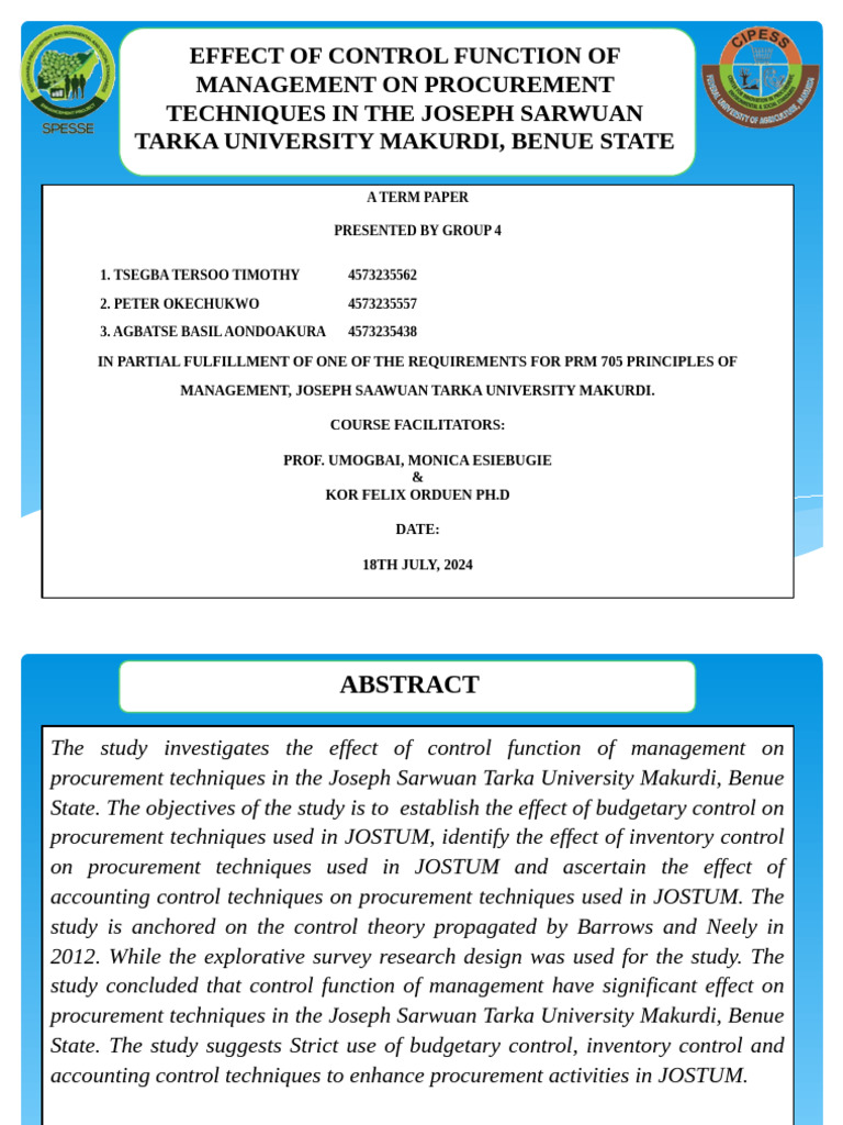 Effect of Control Function of Management On Procurement Techniques in ...