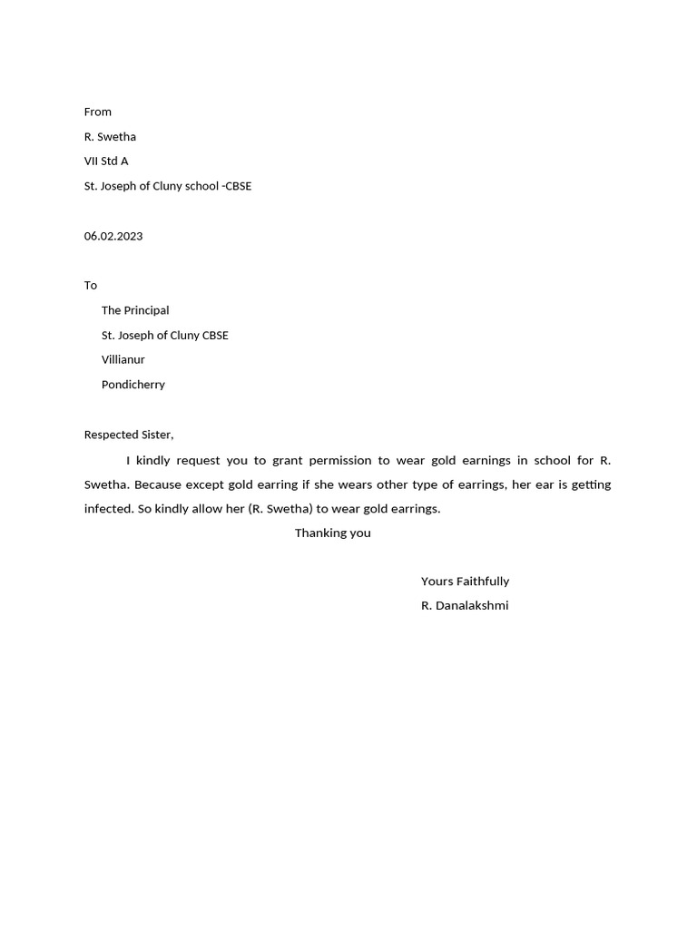 RequestLetter For Wearing GoldStud | PDF