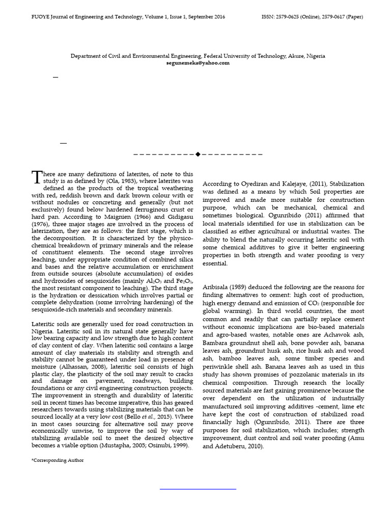 Lateritic Soil Stabilization With Banana Leave Ashes | PDF