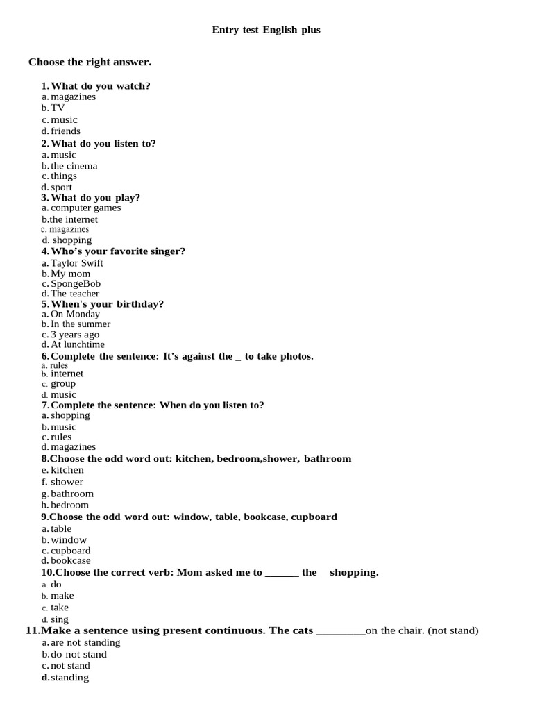 7 grade english plus entry test pdf