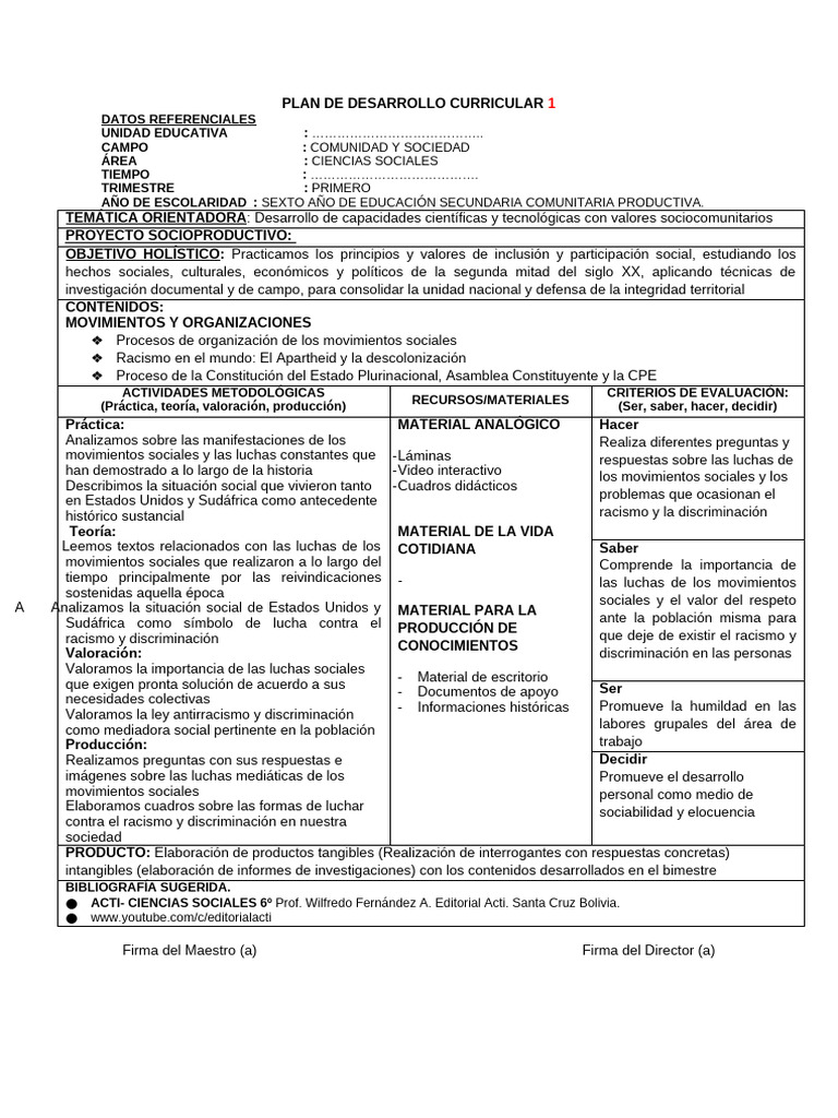 C. Sociales 6° Año - Plan de Desarrollo Curricular | PDF | Bolivia ...