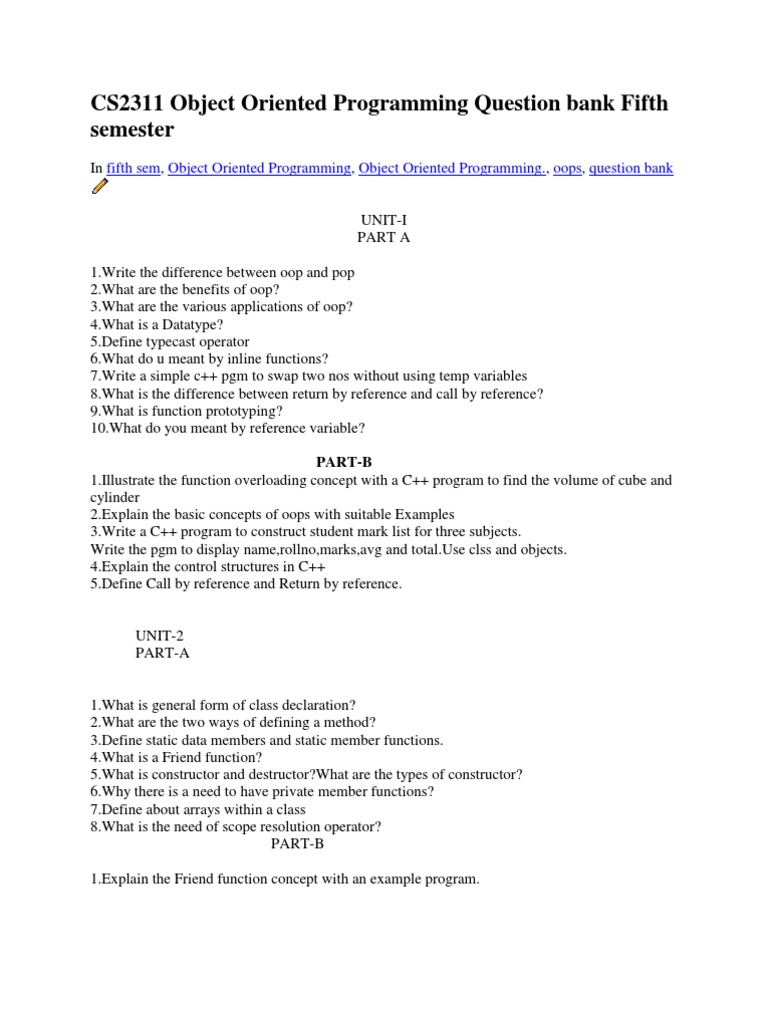 CS2311 Object Oriented Programming Question Bank Fifth Semester | PDF ...