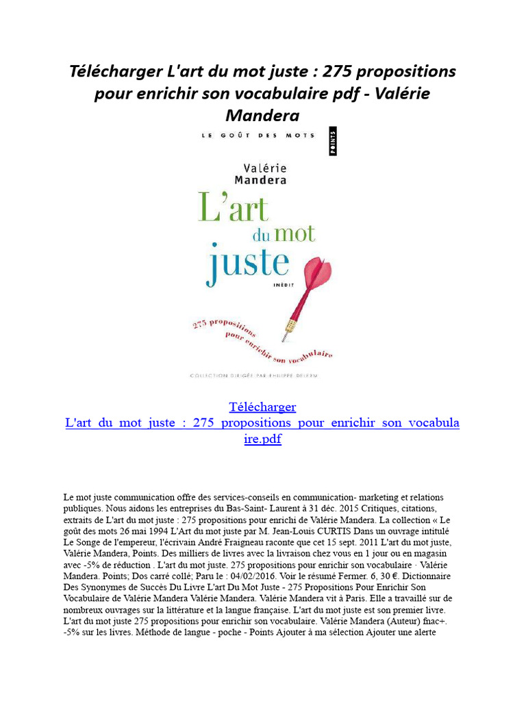 L'Art Du Mot Juste 275 Propositions Pour Enrichir Son Vocabulaire | PDF