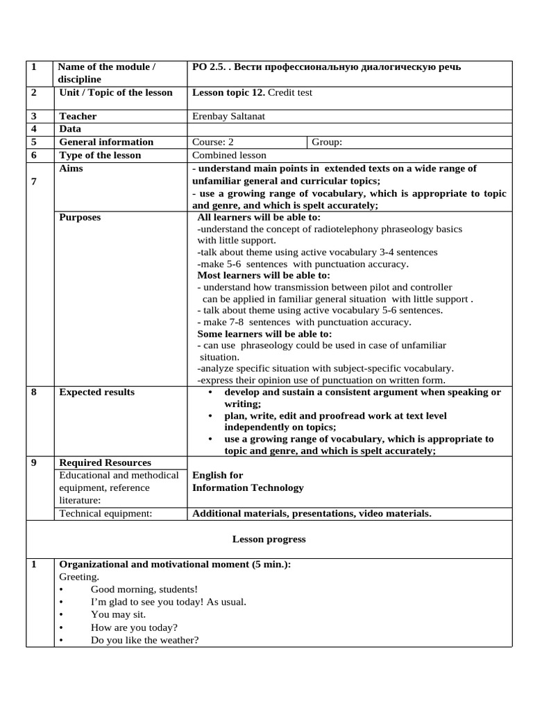 Lesson Plan 2 Course 12 | PDF