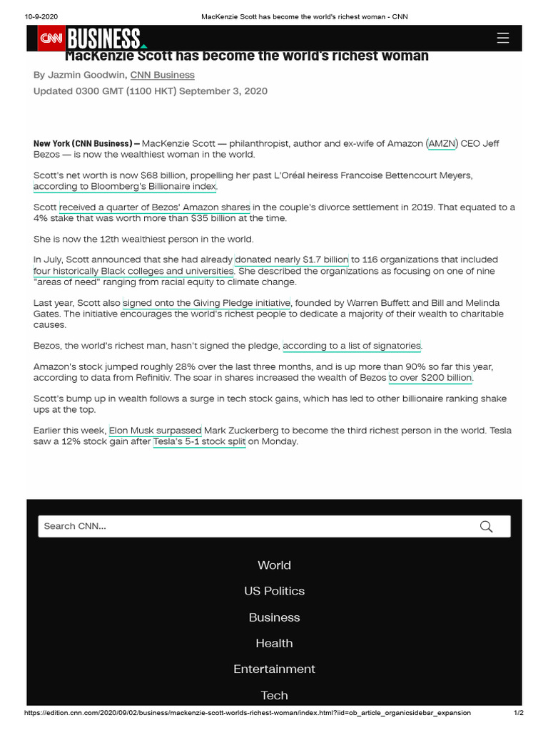 MacKenzie Scott Has Become The Worlds Richest Woman - CNN | PDF