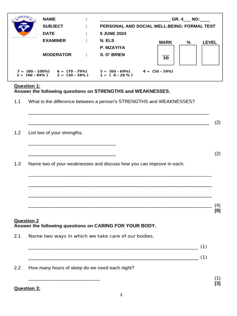 PSW Eng Formal Test Term 2 2024 | PDF