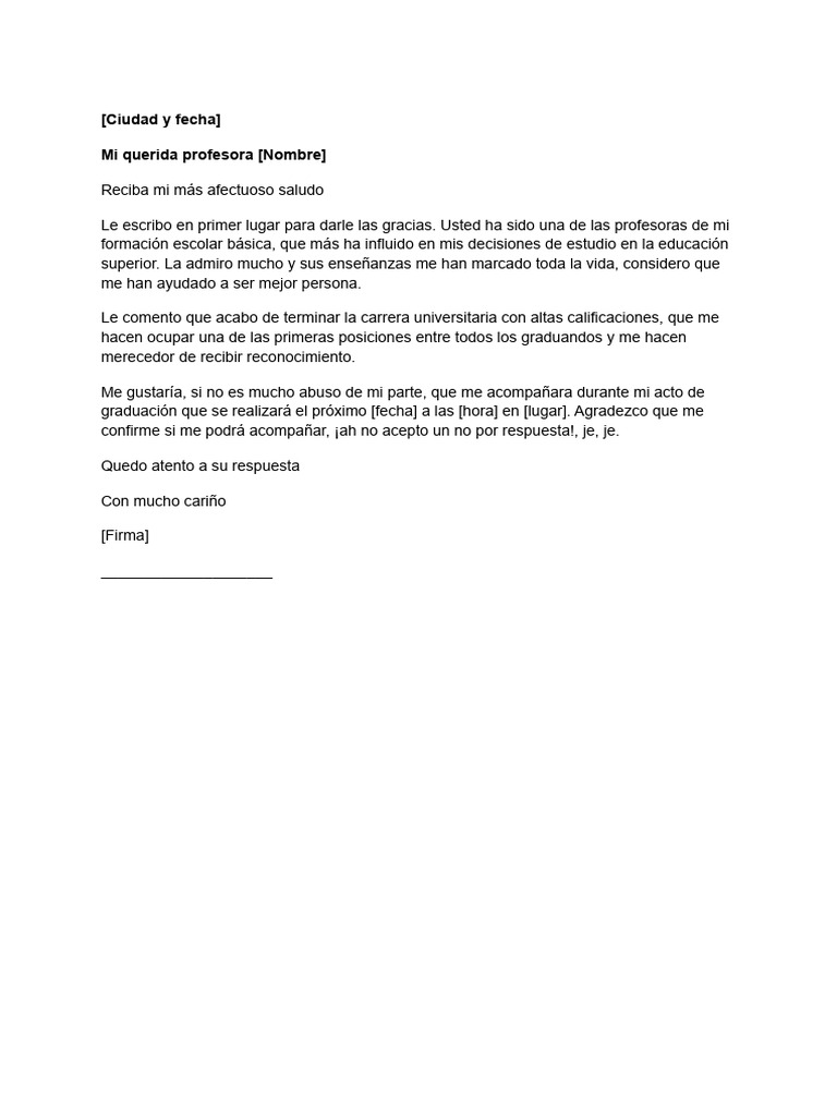 Ejemplo de Una Carta Informal para Una Maestra para Imprimir o Rellenar ...