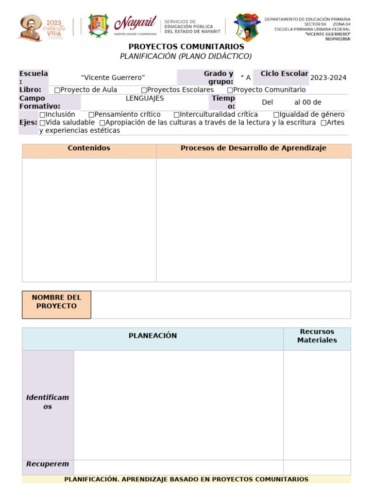 Formato de Planeación. Proyectos Comunitarios (Lenguajes) | PDF ...