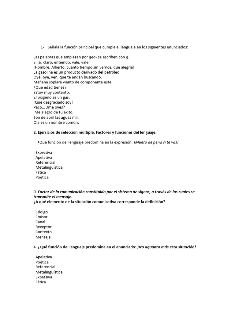 Ejercicios Funciones Del Lenguaje | PDF | Comunicación | Lingüística