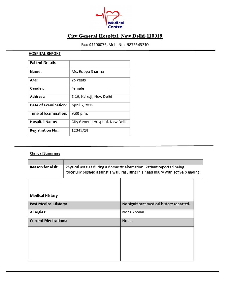 Done HOSPITAL REPORT For Roopa's Head Injury | PDF