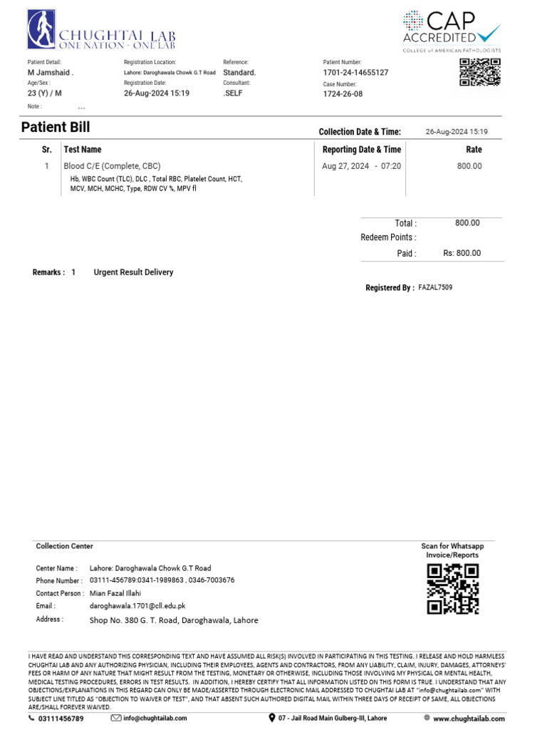 Patient Bill: Collection Date & Time: Test Name Reporting Date & Time ...