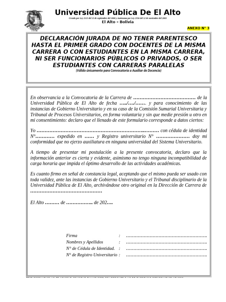 Declaración Jurada de No Parentesco | PDF | Documento de identidad ...