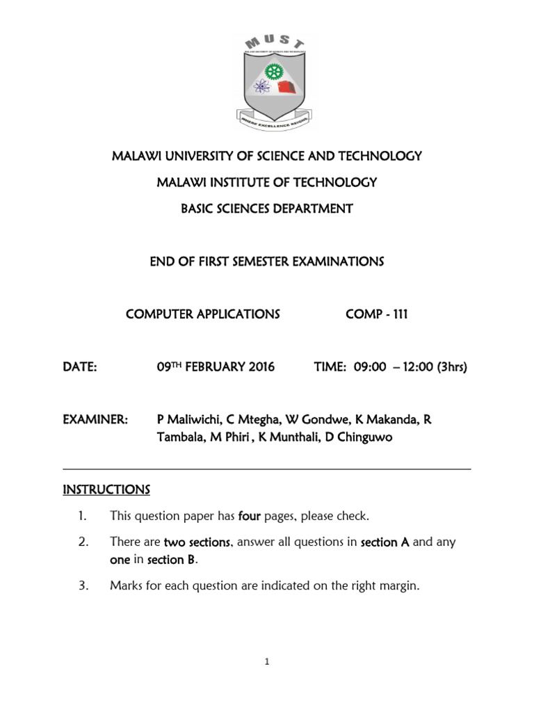 COMP-111 Computer Applications Exam Paper | PDF | Operating System ...
