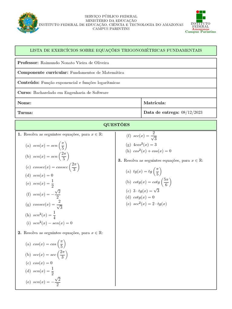Lista de Exercícios Sobre Equações Trigonométricas Fundamentais | PDF