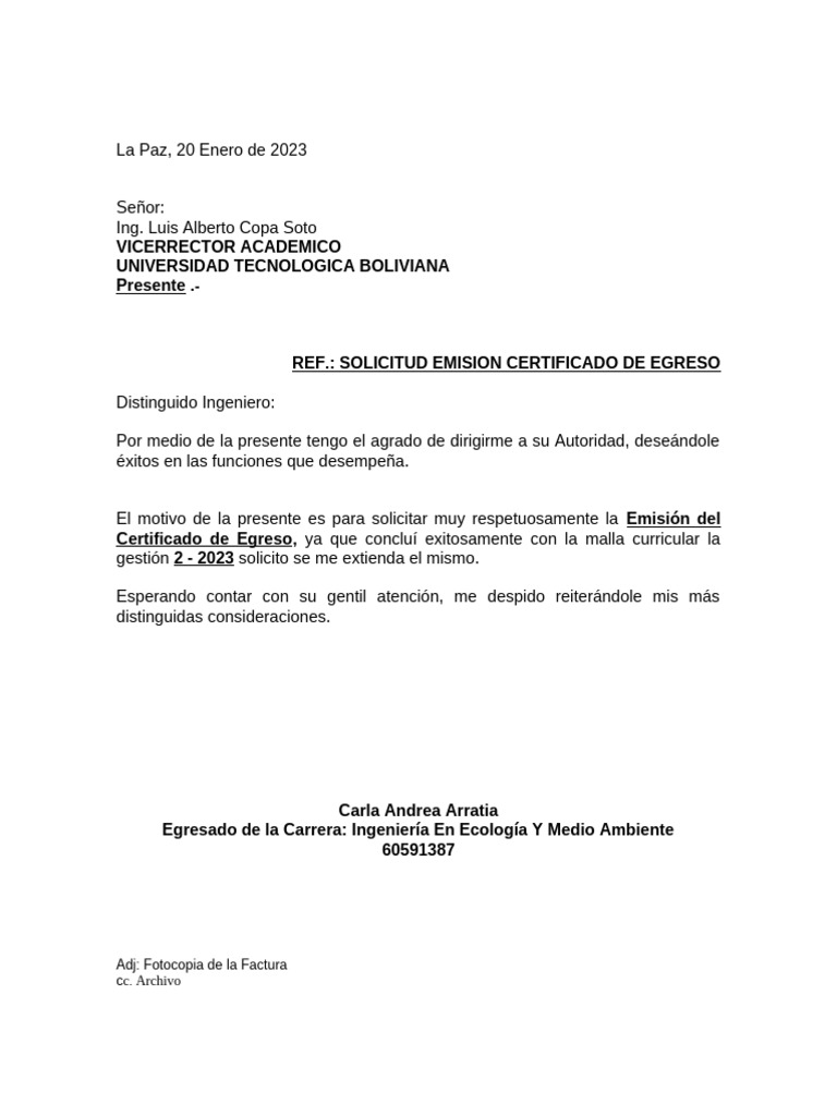 Carta solicitud de emision de certificado de egreso pdf
