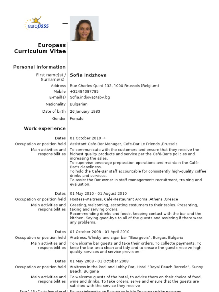 Europass Cv 1119 Indzhova Bar Waiting Staff