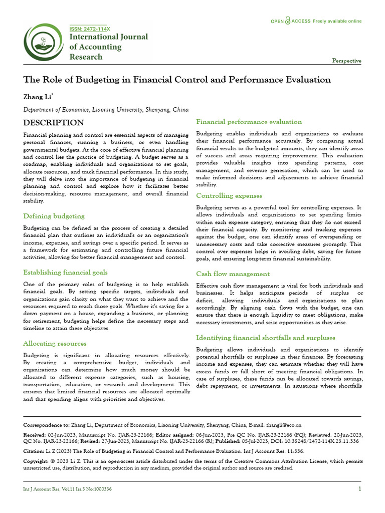 The Role of Budgeting in Financial Control and Performance Evaluation | PDF