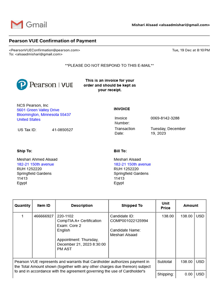 C2 Pearson VUE Confirmation of Payment | PDF