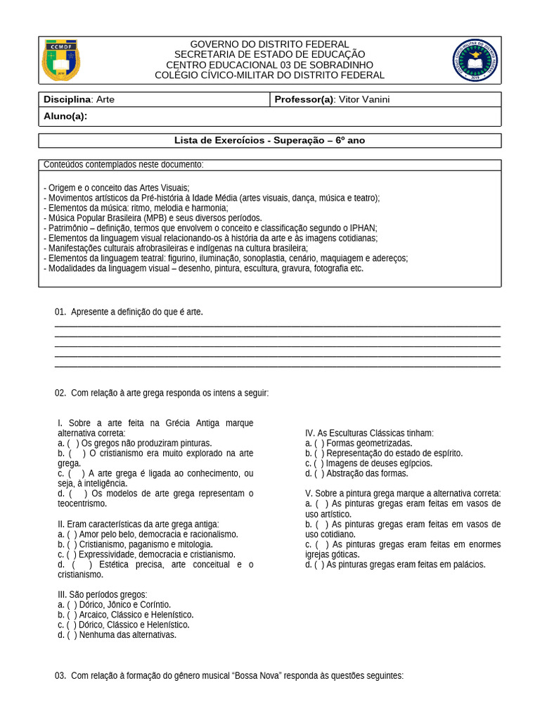 Atividade de Arte (Superação) - 6º Ano | PDF