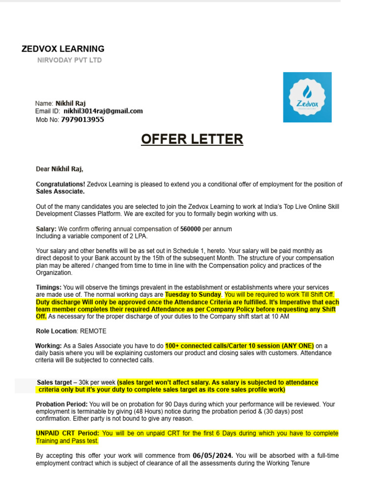 Zedvox Offer Letter | PDF