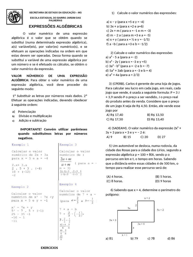 Expressões Algebricas Pdf