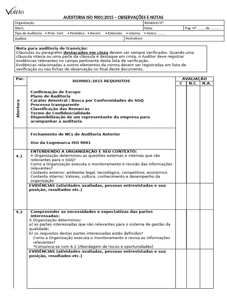 Auditoria ISO 9001:2015 - Notas e Observações | PDF | Qualidade ...