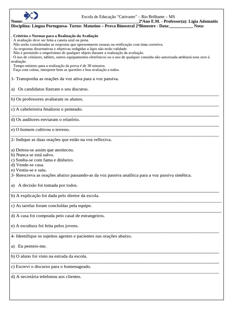 Avaliação Bimestral de Língua Portuguesa 2 Ano | PDF
