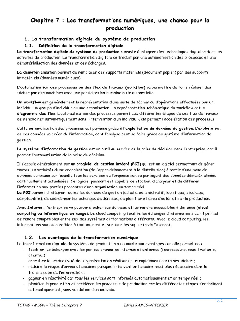 TH1 CH7 Les Transformations Numériques Sur La Production | PDF