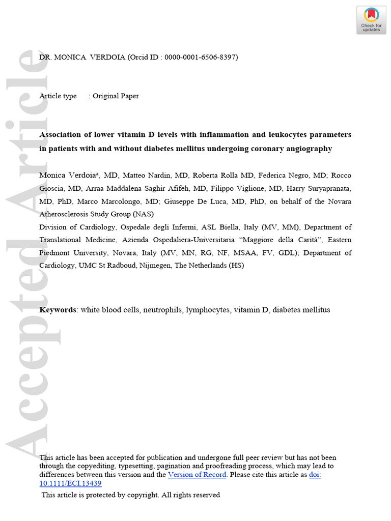 Association of lower vitamin d levels with inflammation and leukocytes